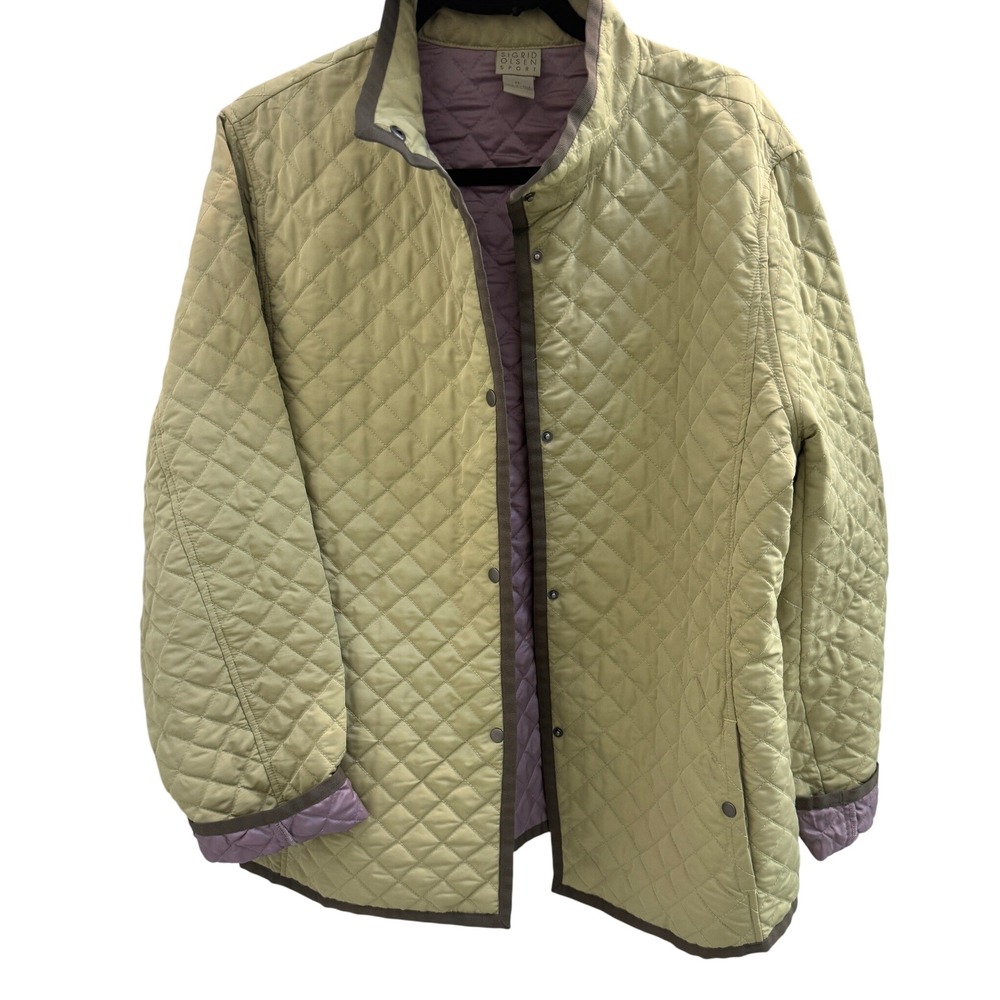 Sigrid Olsen Sport Quilted Barn Jacket Womens XL Green Mock Neck Snap Front